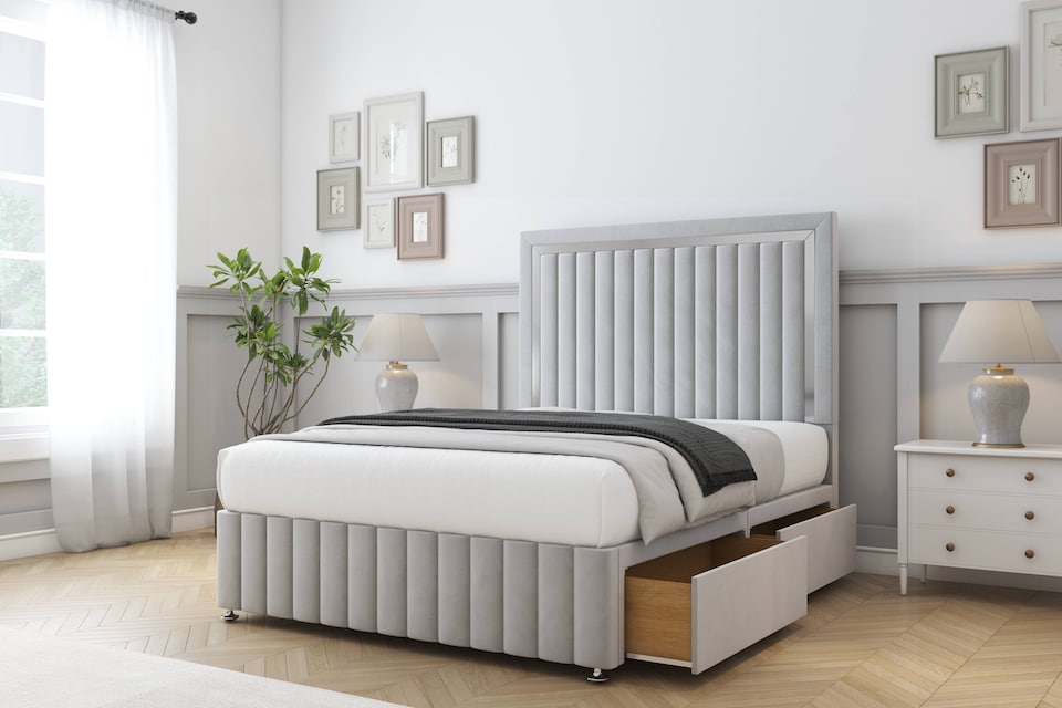 image 1 of Sloomy Boston Chrome Silver Plush Divan Bed With Mattress 2 Drawers Right Side With 54" Floor Standing Headboard & 12" Matching Footboard 4'6 Double | Silver | Silver | Double | 1
