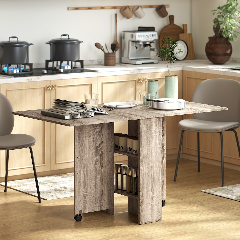 image 1 of HOMCOM Folding Dining Table, Drop Leaf Table with 2-Tier Shelves, Rolling Casters, for Small Spaces, Kitchen, Grey