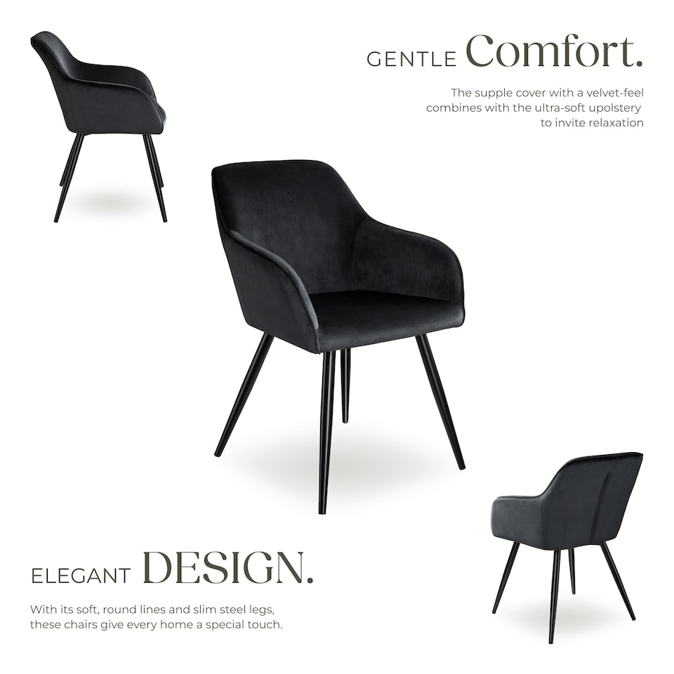 image 1 of Dining Chair Marilyn - with armrests, padded, velvet look, black steel legs - Set of 2 Black