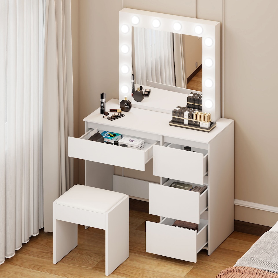 image 1 of Levede Dressing Table Vanity Set Stool Makeup LEDs Mirror Jewellery Organizer | White