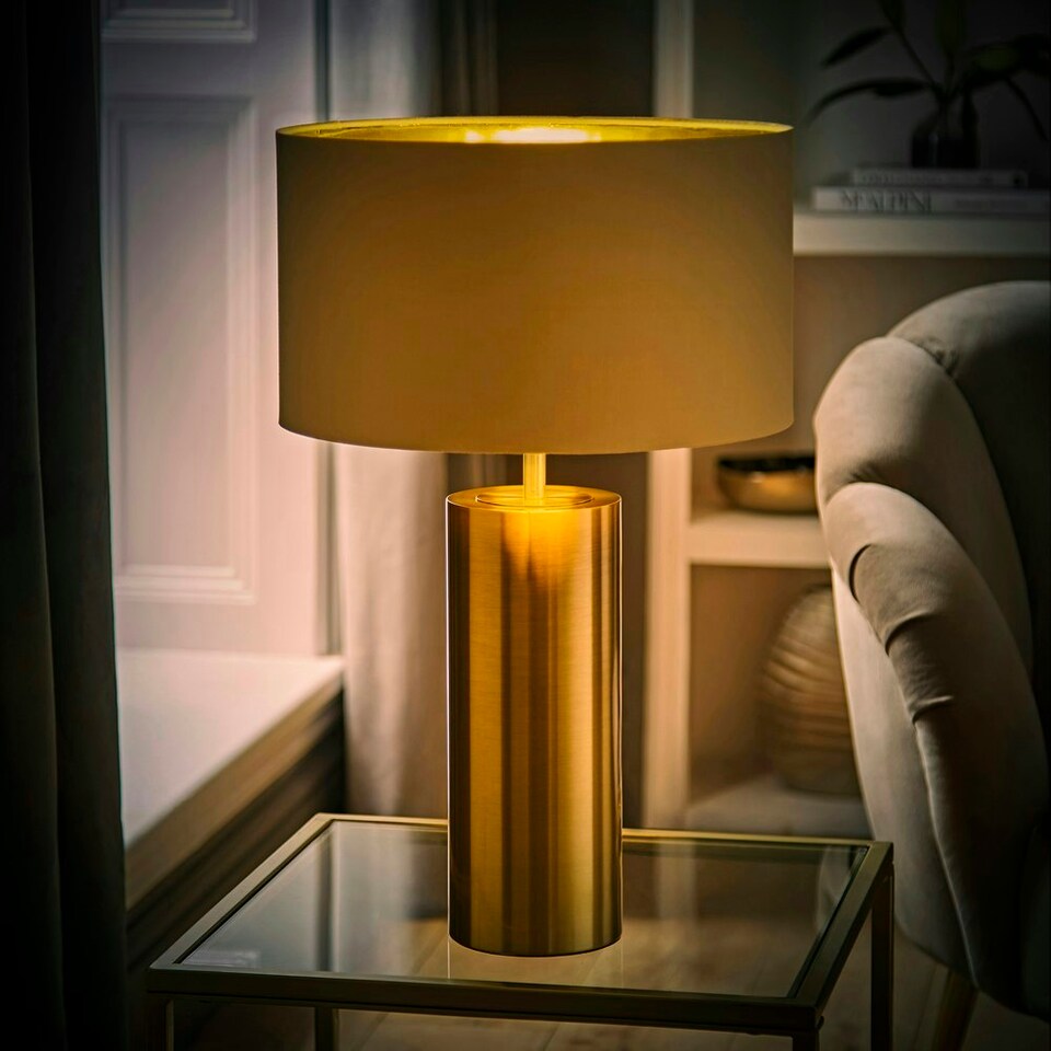 image 1 of ValueLights Lexy Beige & Metallic Gold Shade with Gold Dimmable Touch Table Lamp & LED Bulb
