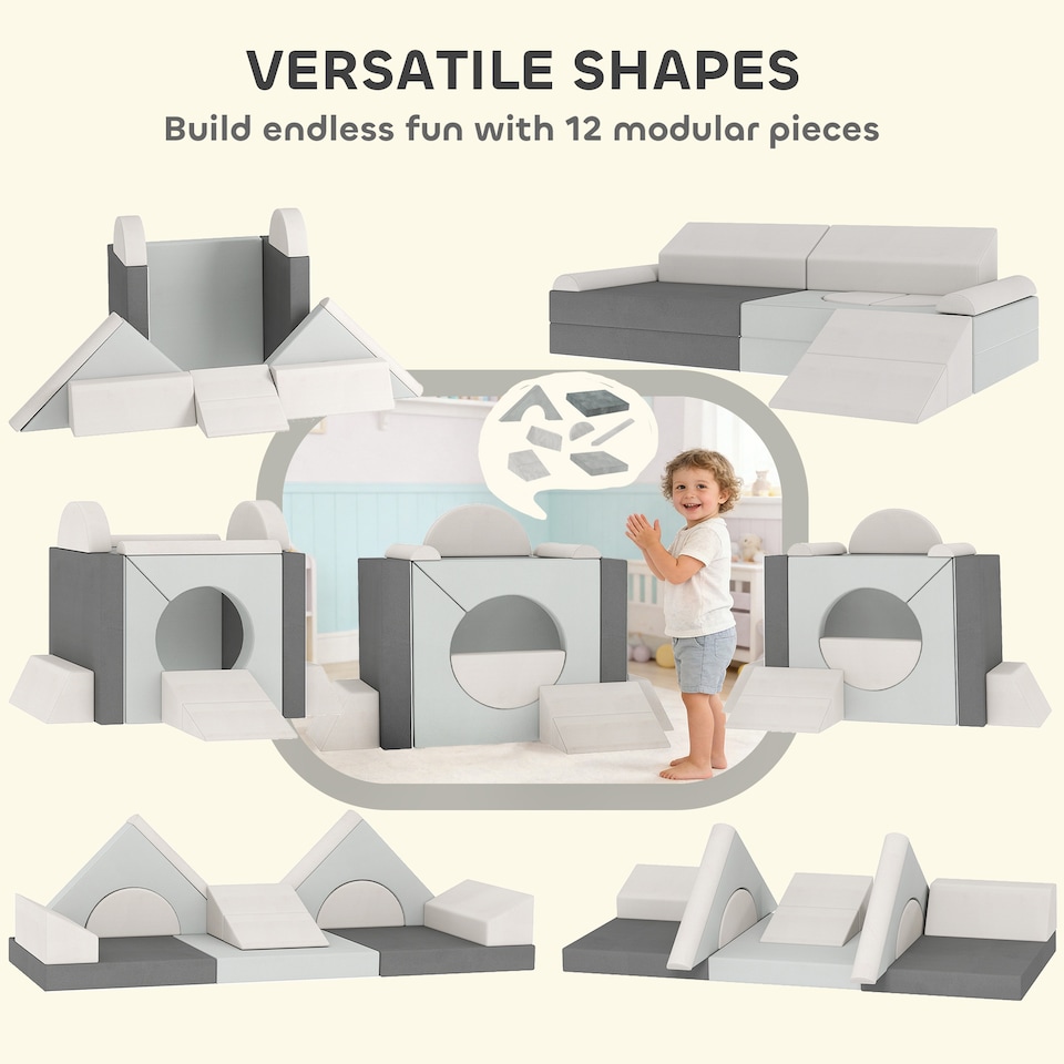 image 1 of AIYAPLAY Kids Play Sofa, 12 Pieces Foam Modular Convertible Sofa | Grey | Light Grey | 130 x 105 x 41 cm