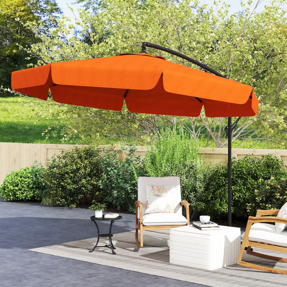 image 1 of Outsunny 2.7m Garden Banana Parasol Cantilever Umbrella with Crank Handle and Cross Base for Outdoor, Hanging Sun Shade, Orange | Orange | Orange