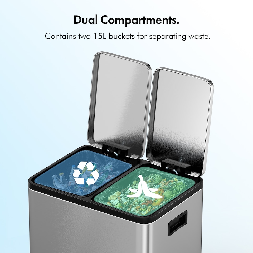 image 1 of VonHaus Cream 30L Waste & Recycling Kitchen Bin, 2 x 15L Compartment Stainless Steel Pedal Bin w/ Non Slip Base, Removable In-Bins | Chrome | Stainless Steel | 45L