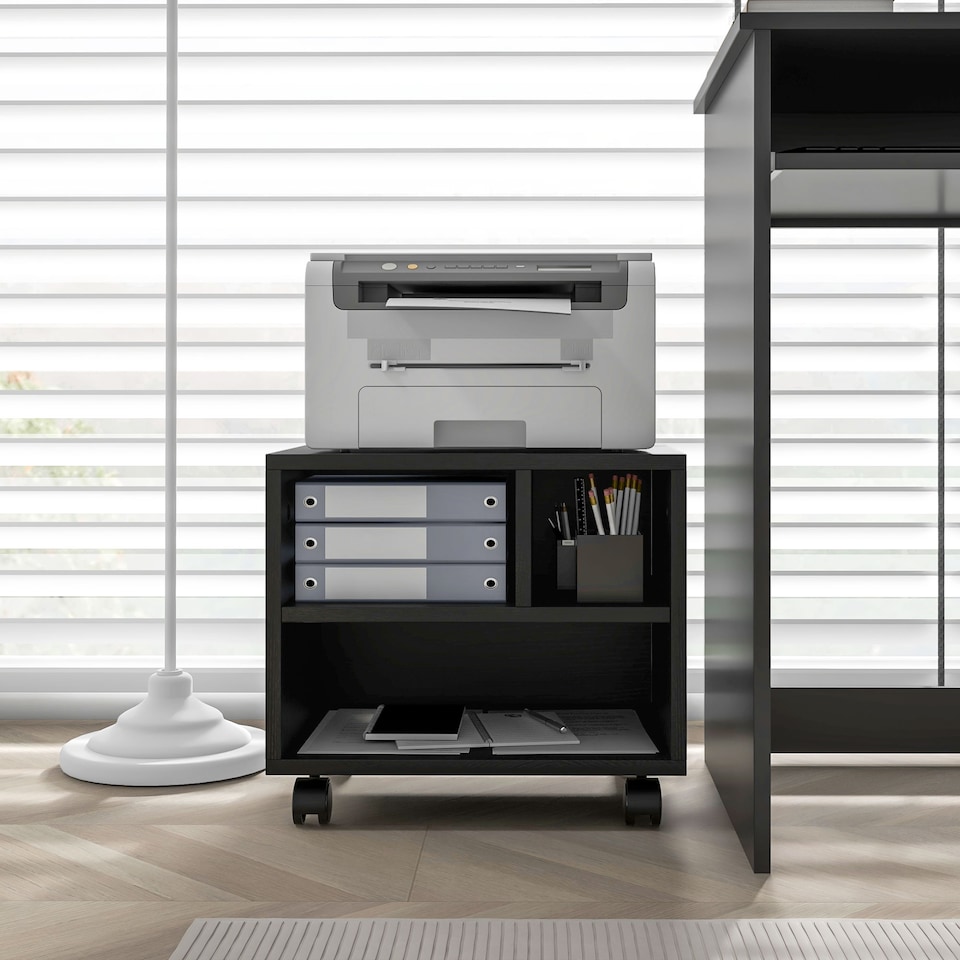 image 1 of HOMCOM 2-Tier Printer Stand with Storage, Under Desk Printer Cart on Wheels with 3 Compartments, Desktop Printer Table for Home Office, Black