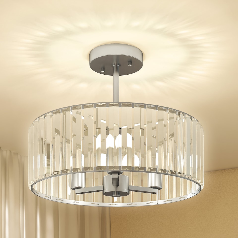image 1 of HOMCOM Crystal Ceiling Light Fixture, Semi Flush Mount Modern Crystal Chandelier Ceiling Light for Living Room, Bedroom, Hallway, Dining Room, E14 Base 3Lights, Bulbs Not Included, Silver Tone | Silver | 1