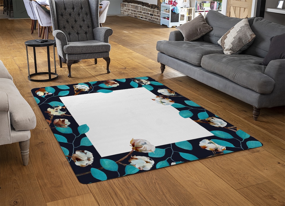 image 1 of Watercolour Blue Leaf Frame Rug | Multi