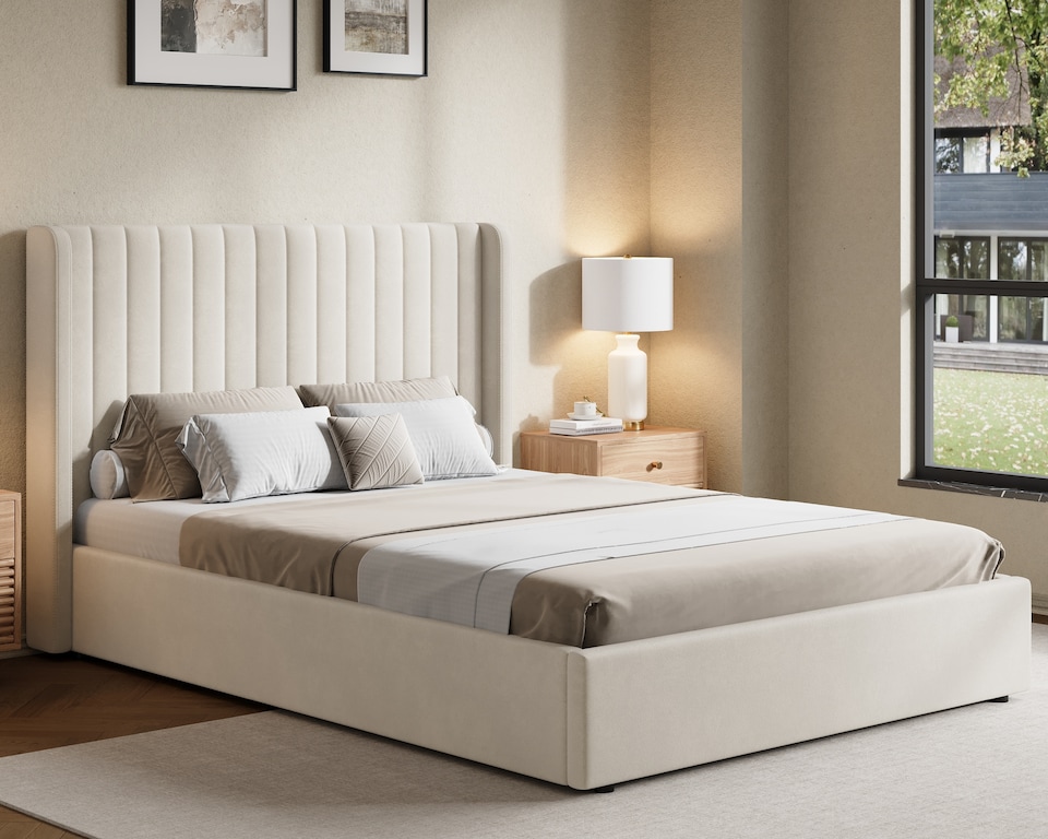 image 1 of Ezysleep Belgravia Velvet Upholstered Gas Lift Ottoman Storage Bed Frame Modern Design | Cream | Cream