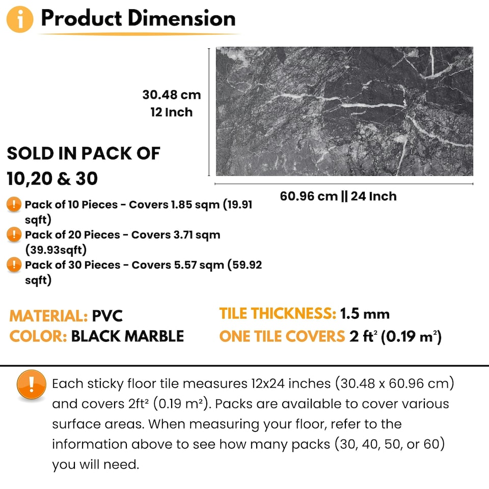 image 1 of NOVECRAFTO Black Self Adhesive Vinyl Floor Tiles - 12”x24” (30.48x60.96cm) - Large Peel & Stick Waterproof Marble Effect Flooring - Pack of Tiles Black | 3.71 sqm