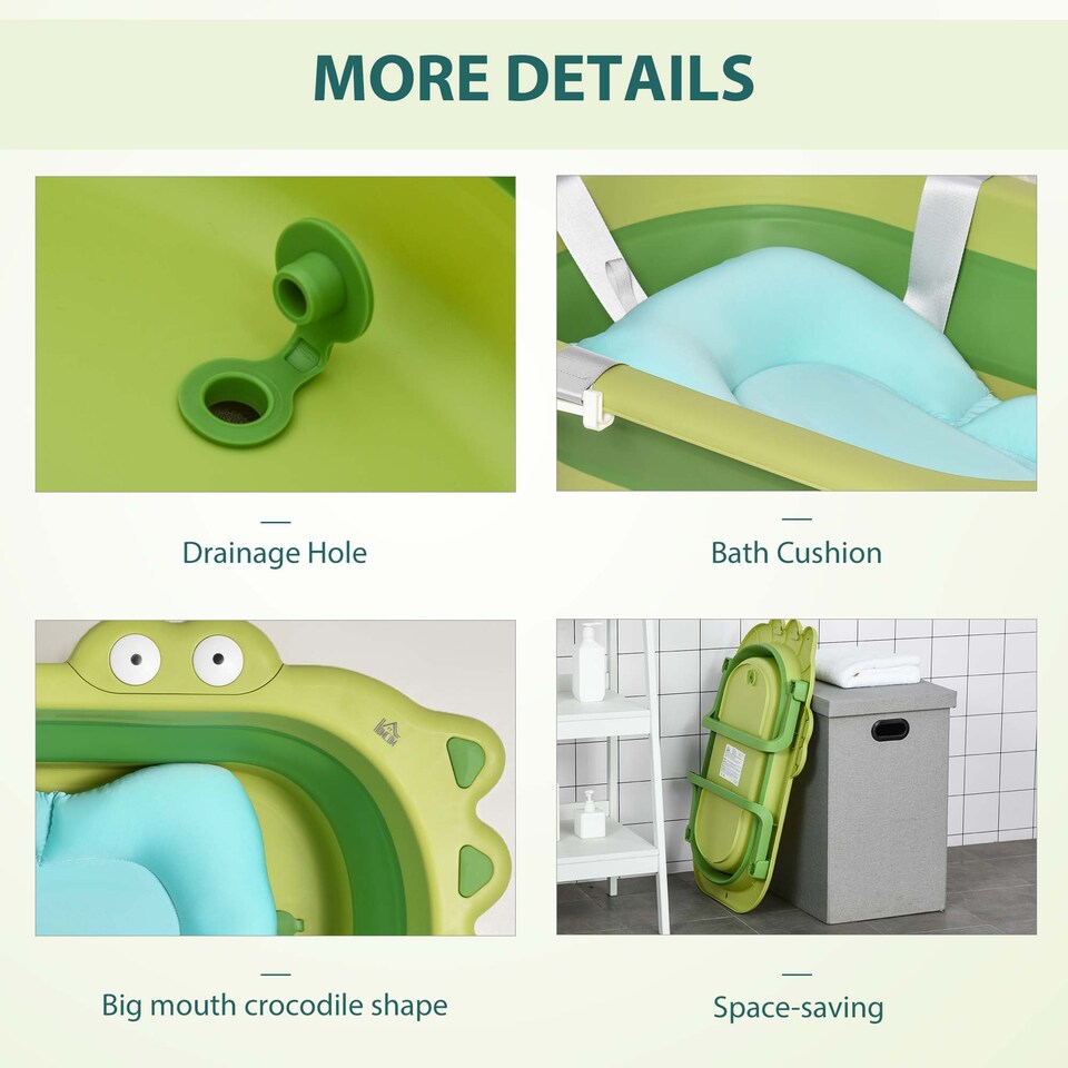 image 1 of HOMCOM Baby Bath Tub for Toddler Foldable w/ Baby Cushion for 0-3 Years Green