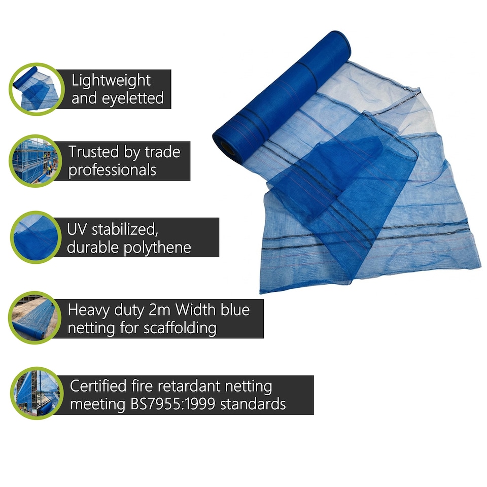 image 1 of Pegdev Fire Retardant Debris Netting 2m Width Heavy Duty Flame Resistant Scaffold Sheeting Trade Sites 18m
