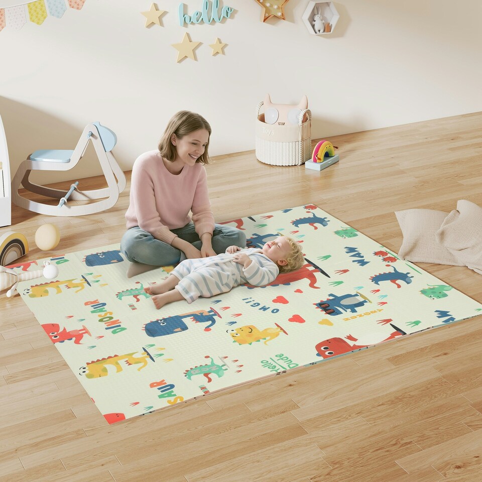 image 1 of AIYAPLAY Baby Play Mat, Double Sided Crawling Mat, Dinosaur Theme