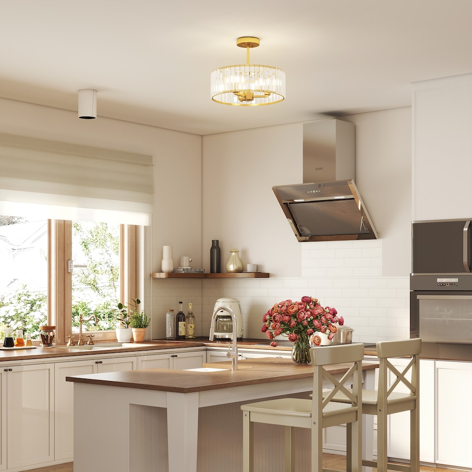 image 1 of HOMCOM Semi Flush Mount Modern Crystal Chandelier Ceiling Light, Gold Tone