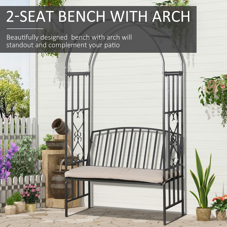 image 1 of Outsunny Garden Arbor Arch Metal Bench Padded Seat Outdoor Decoration