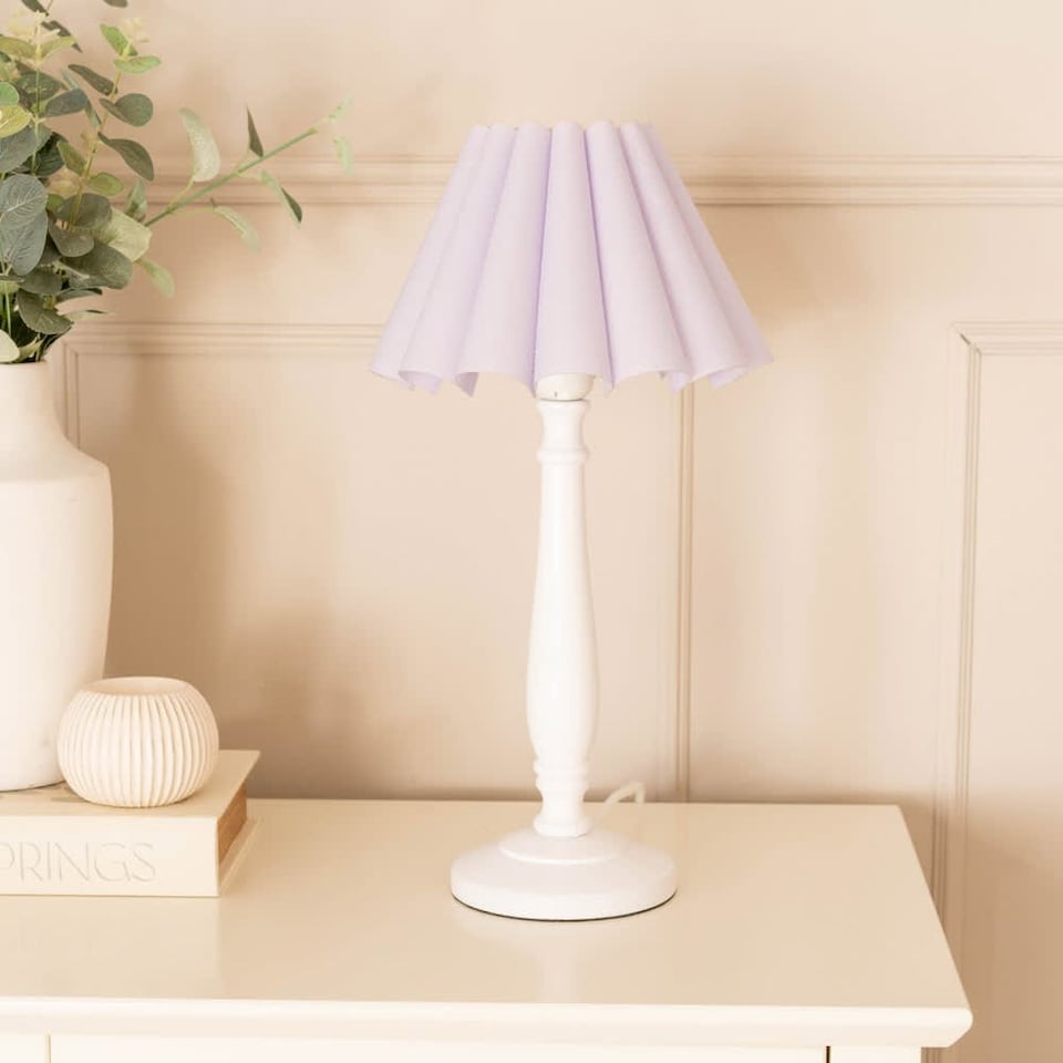 image 1 of ValueLights Victoria White Wood Table Lamp Lilac Scallop Shade and Bulb