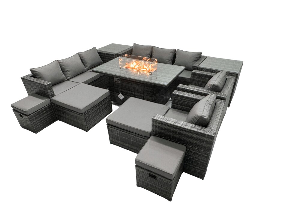 image 1 of Fimous Rattan Garden Furniture Firepit Dining Set 12 Seater Lounge Sofa Table Set with 2 side table 2 big Footstool