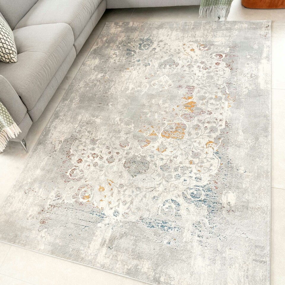 image 1 of KUKOON Silver Multicolour Distressed Floral Medallion Area Rug 80cm x 150cm Grey