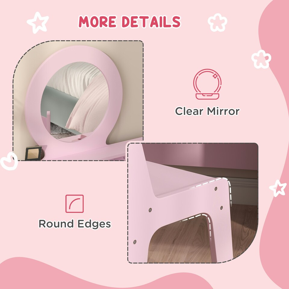 image 1 of AIYAPLAY Kids Dressing Table Set w/ Stool, Mirror, Drawers - Pink