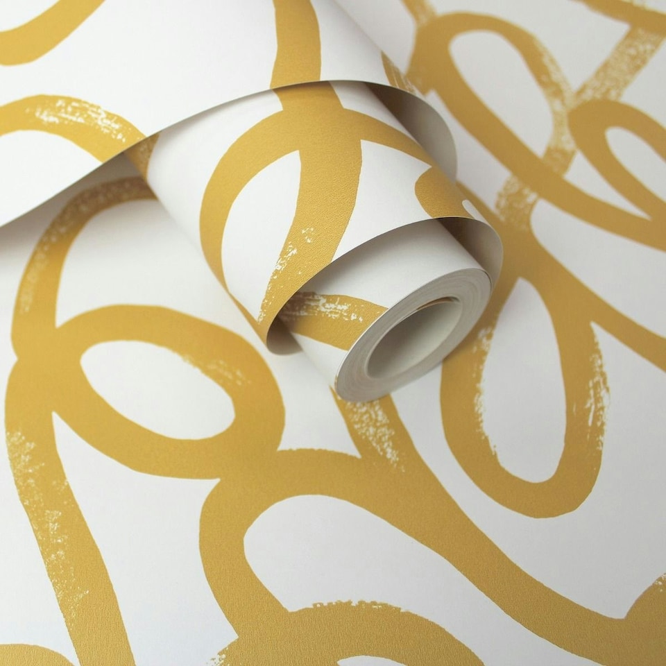 image 1 of Holden Décor Squiggle Wallpaper - Ochre/White - One Size Yellow