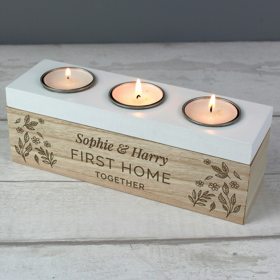 image 1 of Personalised Floral Triple Tea Light Box Brown