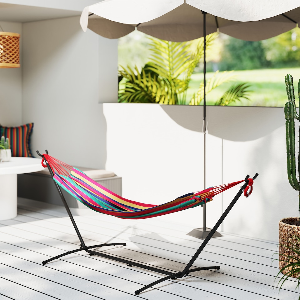 image 1 of Outsunny 298 x 117cm Hammock with Metal Stand Carrying Bag 120kg Multicolour | Multi | Multicolour stripe | L