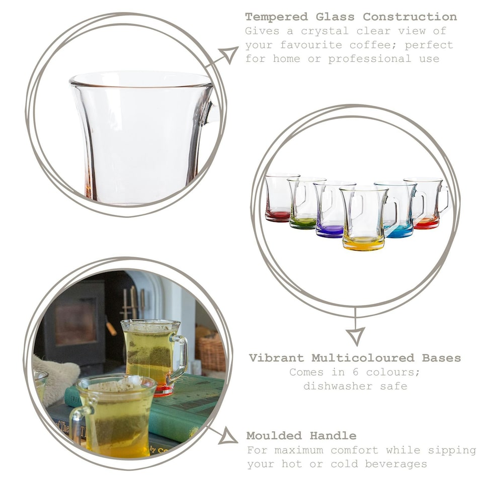 image 1 of LAV Zen+ Coloured Base Glass Coffee Mugs - 225ml - Multicolour - Pack of 6 Multi