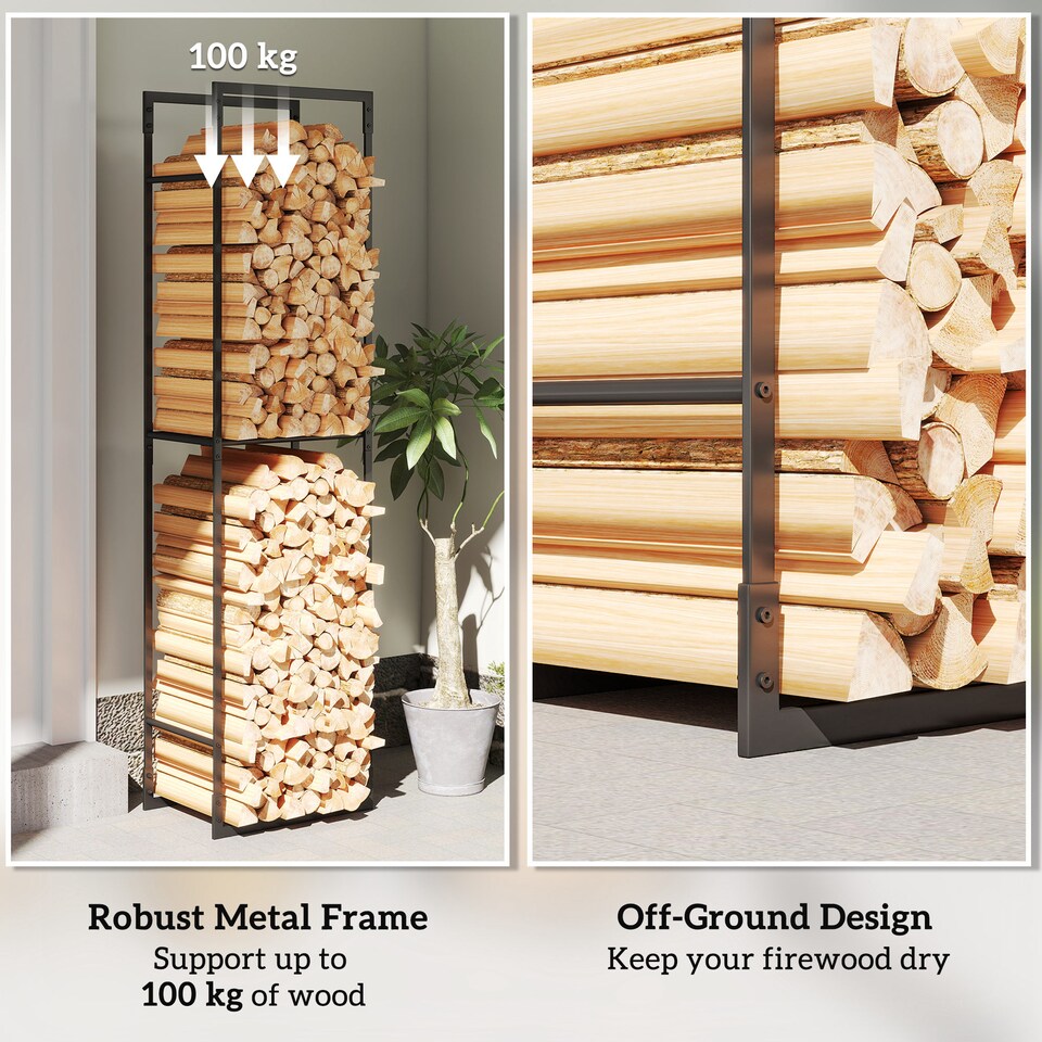 image 1 of Outsunny Metal Firewood Log Holder, Heavy Duty Firewood Rack with Adjustable Shelf, Indoor Outdoor Fireplace Wood Storage Shelf, 45 x 31 x 170 cm, Black