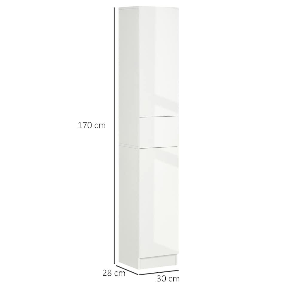 image 1 of kleankin Tall Bathroom Cabinet with Adjustable Shelves, High Gloss Storage Cupboard, Freestanding Tallboy with Storage Drawer, White