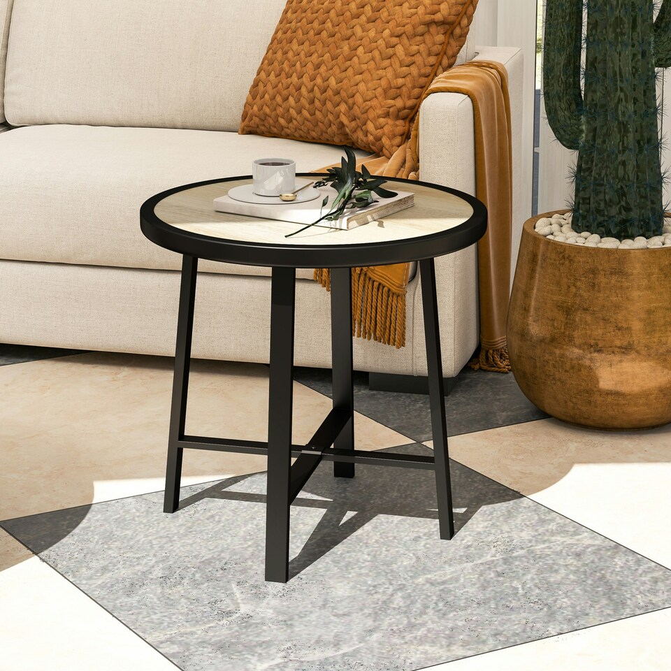 image 1 of Outsunny Round Small Garden Table, 50.5cm Outdoor Side Table with SPC Tabletop, Metal Frame and Anti-slip Foot Pads for Garden, Balcony, Grey Wood Effect | Grey | Grey