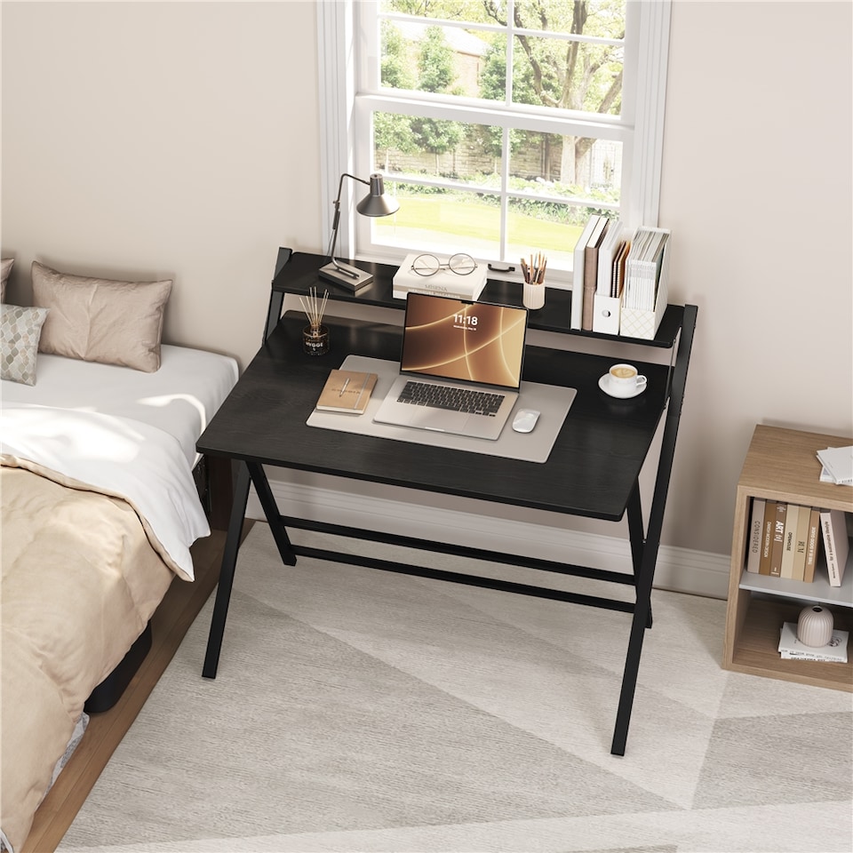 image 1 of Yaheetech 2-Tier Foldable Computer Desk with Monitor Shelf-Black | Black | Black | 106.5 cm L × 60.5 cm W × 90 cm H | 1