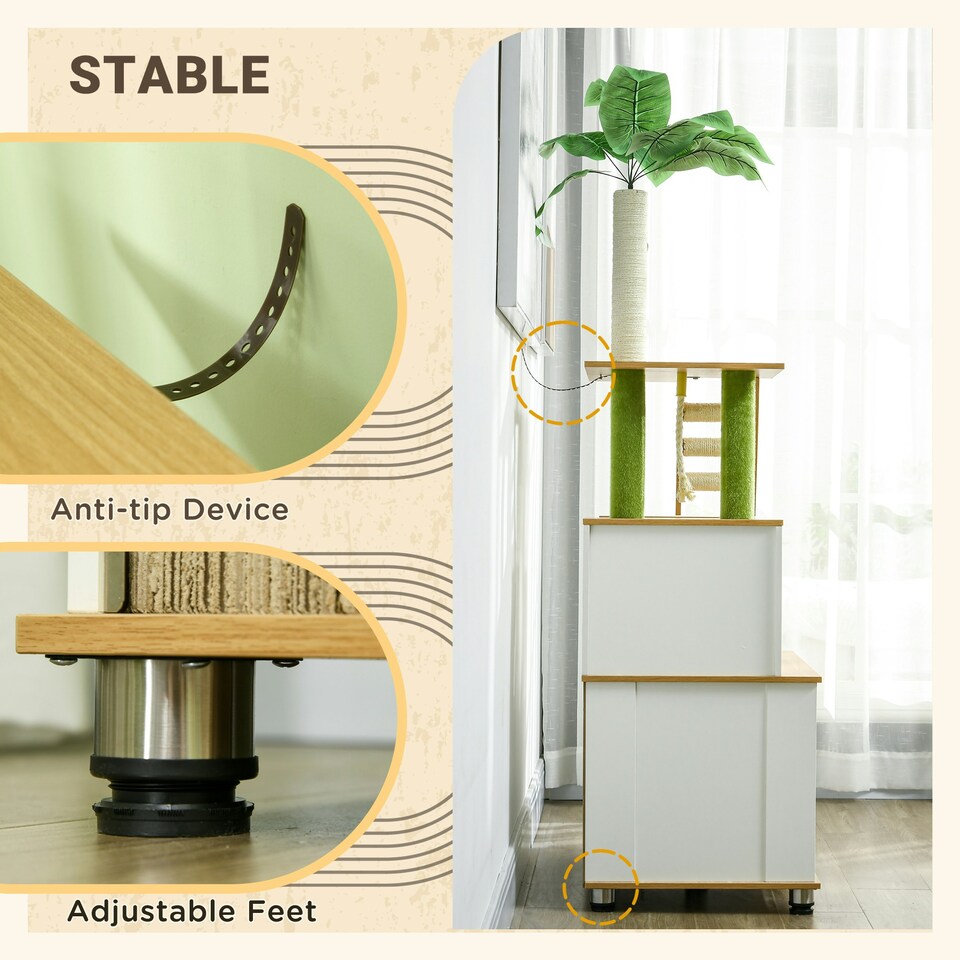 image 1 of PawHut 2-in-1 Hidden Litter Box with Green Leaf Cat Tree, Indoor - Oak