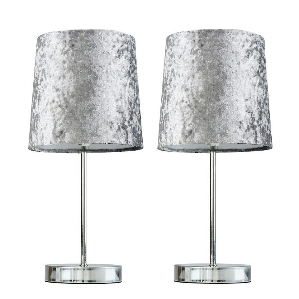 image 1 of ValueLights Pair of - Polished Chrome Table Lamps with a Silver Grey Velvet Shade - Complete with 4w LED Bulbs 3000K Warm White
