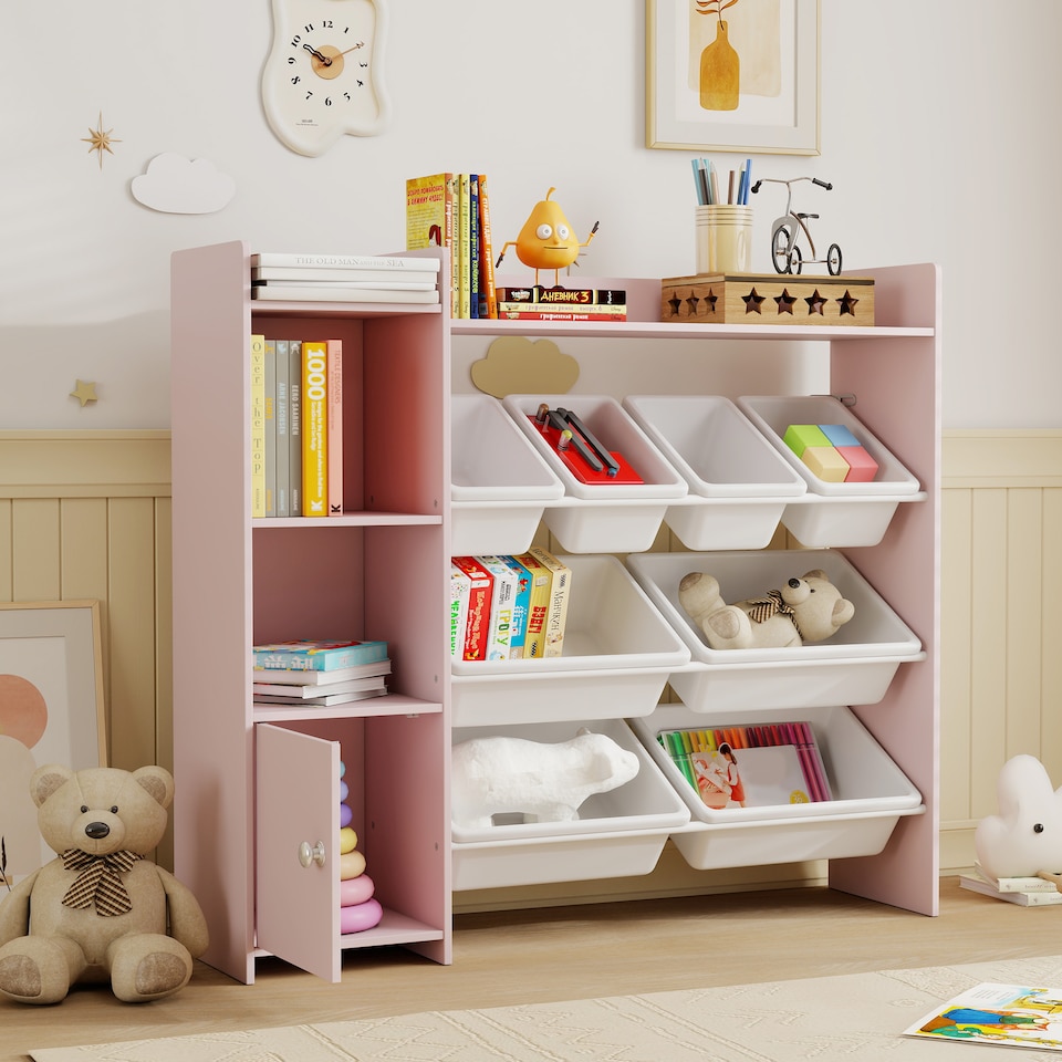 image 1 of AIYAPLAY Toy Storage Unit, with 8 Removable Bins, Storage Shelves, Cabinet, Toy Organiser, for Playroom, Kids Room, Nursery, Pink