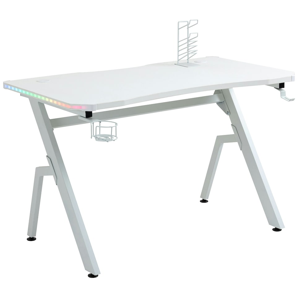 image 1 of HOMCOM Gaming Desk with Hook Cup Holder LED & Cable Management, White