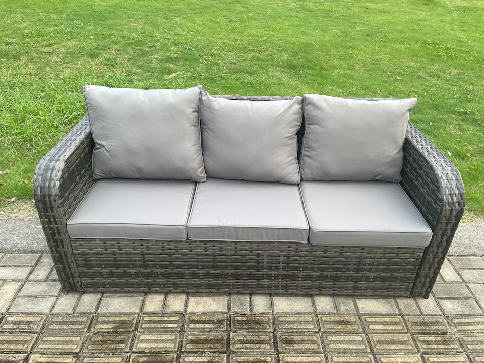 image 1 of Fimous Outdoor Garden Patio Furniture Wicker Rattan Oblong Rectangular Dining Table and Lounge Sofa set with Adjustable Chair 2 Side Tables 2 Small Footstools Dark Grey Mixed