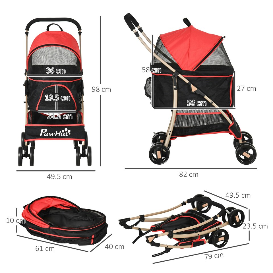 image 1 of PawHut 3 In 1 Pet Stroller, Detachable Dog Cat Travel Carriage - Red
