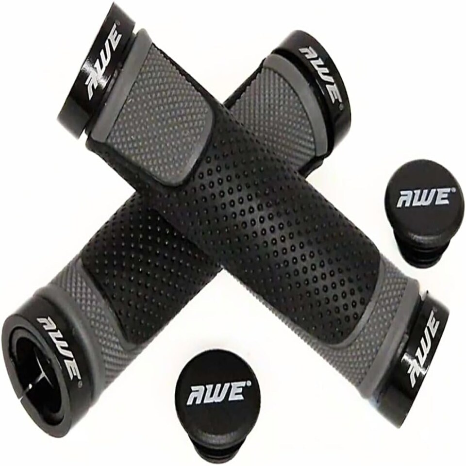 image 1 of AWE AWEGrip Alloy BMX MTB Bike Grey/Black Handlebar Locking Grips + End Caps