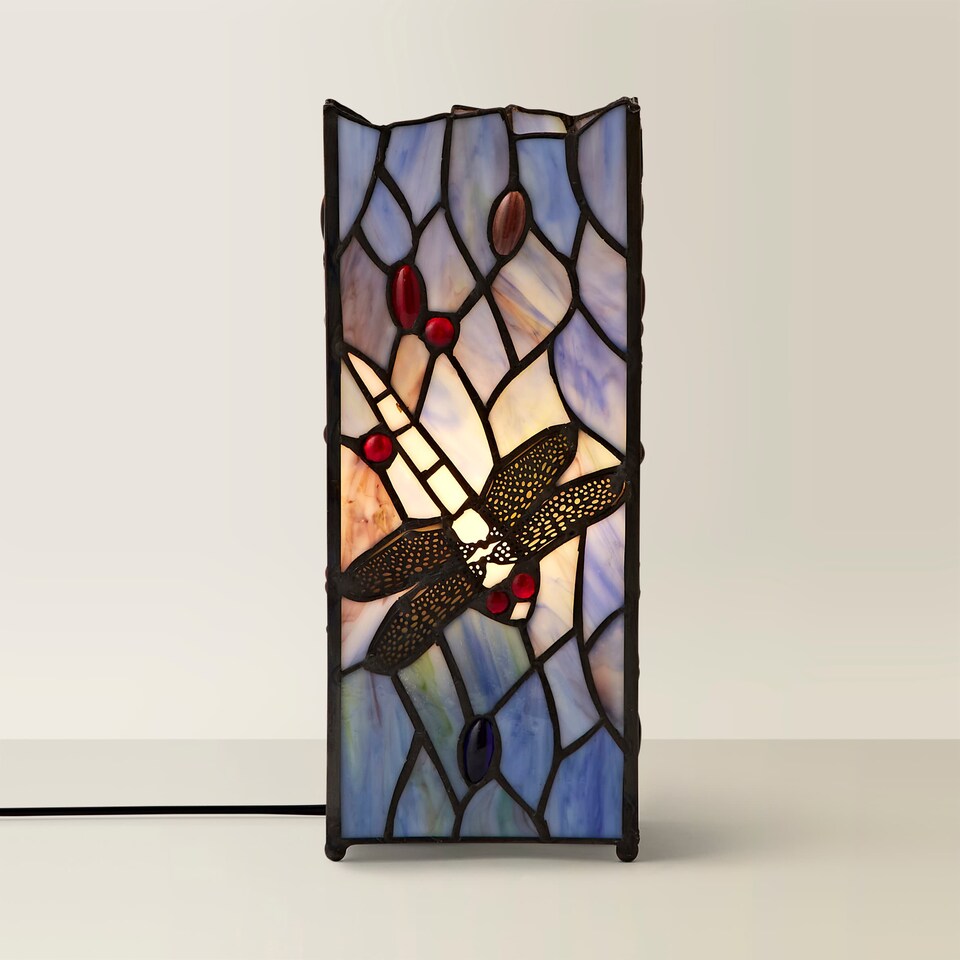 image 1 of ValueLights Tiffany Inspired Dragonfly Square Glass Table Lamp