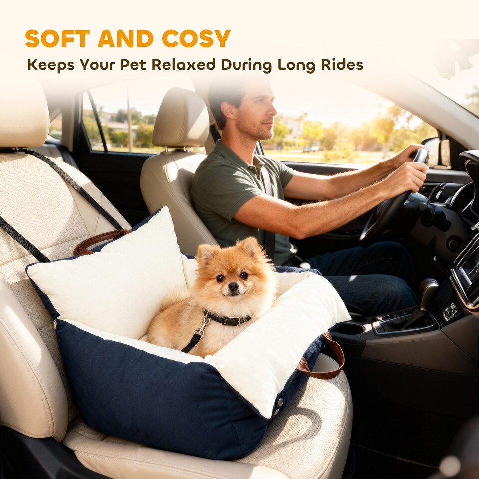 image 1 of PawHut Dog Car Seat, Cosy Pet Car Booster Seat for Small Dog Under 5 KG, Portable Travel Bed with Safety Tether, Detachable and Washable, Navy Blue