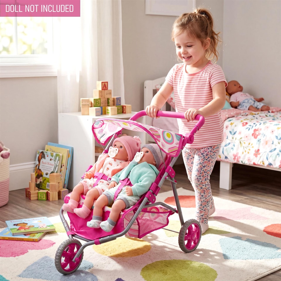 image 1 of BiBi Doll 3 Wheeler Twin Dolls Pink Pushchair Toy with Canopy & Basket For Up To 20" Dolls