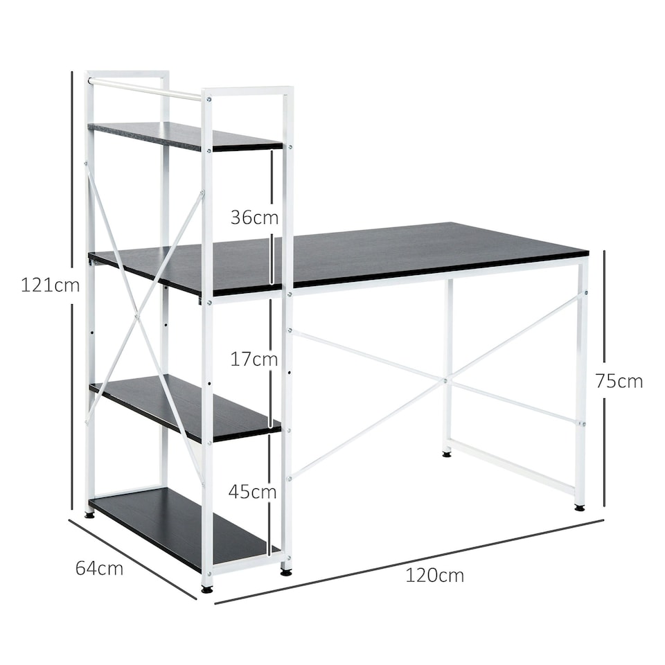 image 1 of HOMCOM Computer Desk Laptop Table w/4-tier Bookshelf Metal Frame Black, White