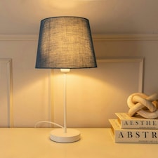 ValueLights Charlie White Stem Table Lamp Navy Taper Shade Blue
