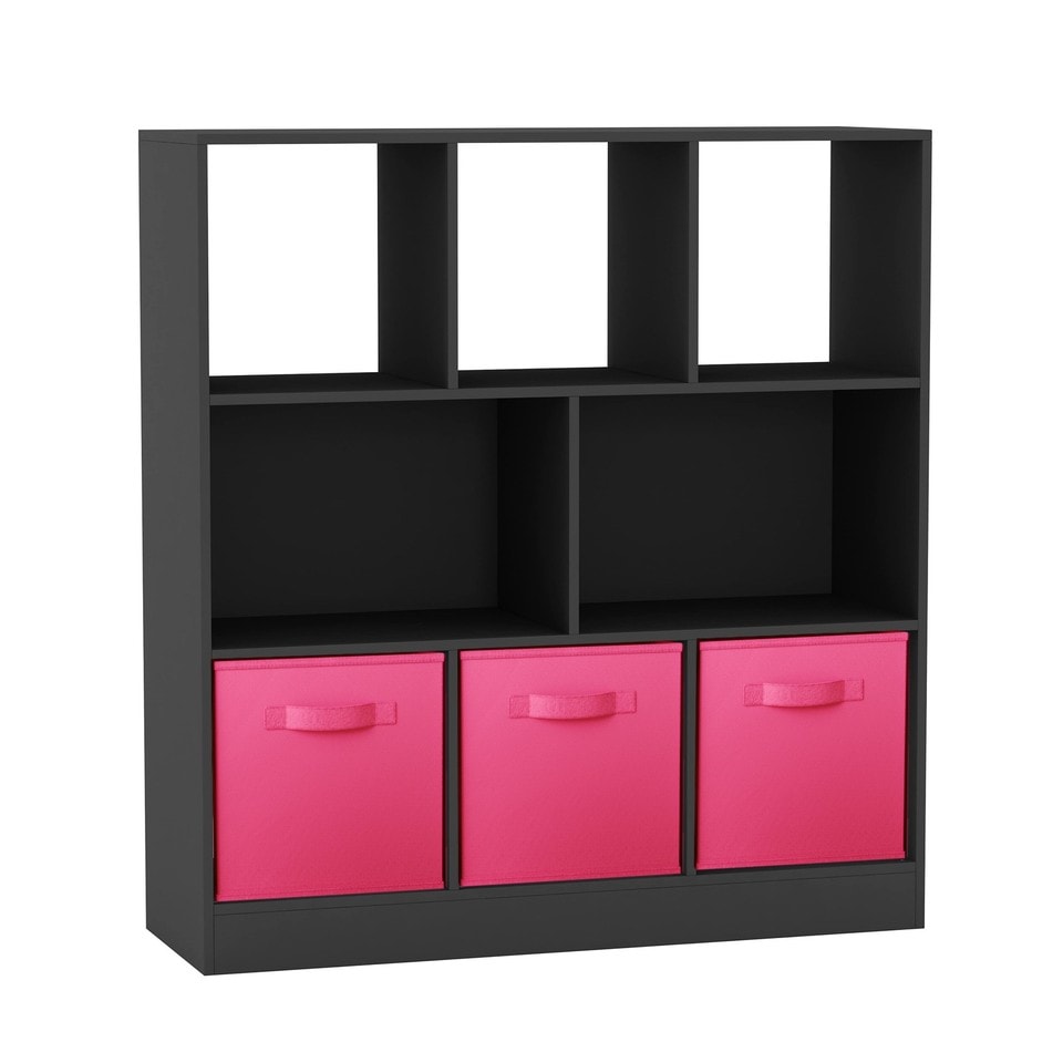 Asymmetrical 8 Black Cube Bookcase Shelf Storage Unit with 3 Fabric Drawer Inserts Multi Black & Dark Pink Drawer 1