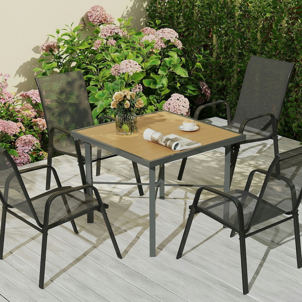image 1 of Outsunny 90cm Square Outdoor Patio Garden Dining Table with Umbrella Hole Yellow | Natural wood finish
