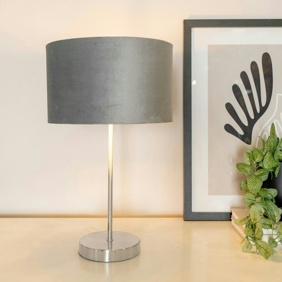 image 1 of ValueLights Charlie Brushed Chrome Table Lamp Black Velvet Shade & Bulb Grey