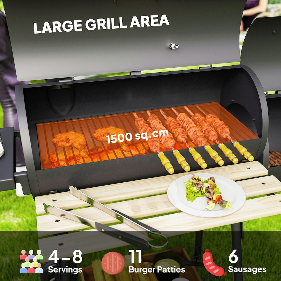 image 1 of Outsunny Portable Charcoal BBQ Grill Steel Offset Smoker Combo Backyard