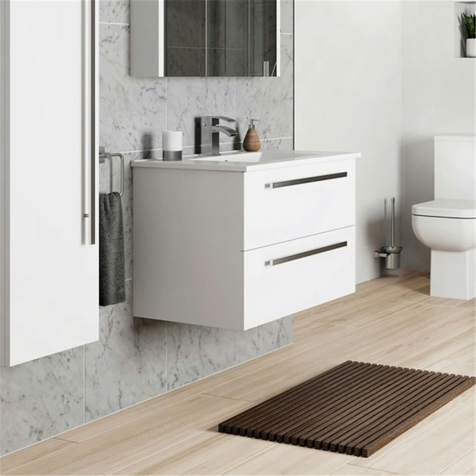 image 1 of Bathroom 2-Drawer Wall Hung Vanity Unit with Ceramic Basin 800mm Wide - White  - Brassware Not Included | White | White | 1