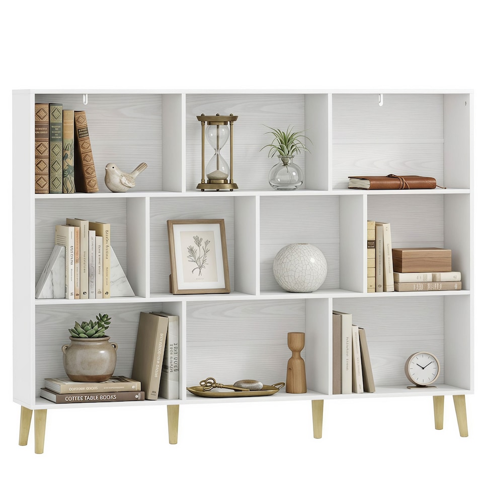 image 1 of HOMCOM Bookshelf with 10 Cubbies, 3-Tier Book Shelf with Wood Legs, White