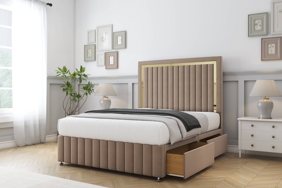 image 1 of Sloomy Boston Gold Mink Plush Divan Bed Base 2 Drawers Left Side With 26 Inch Strutted Headboard & 12 Inch Matching Footboard | Brown | Mink | Double | 1