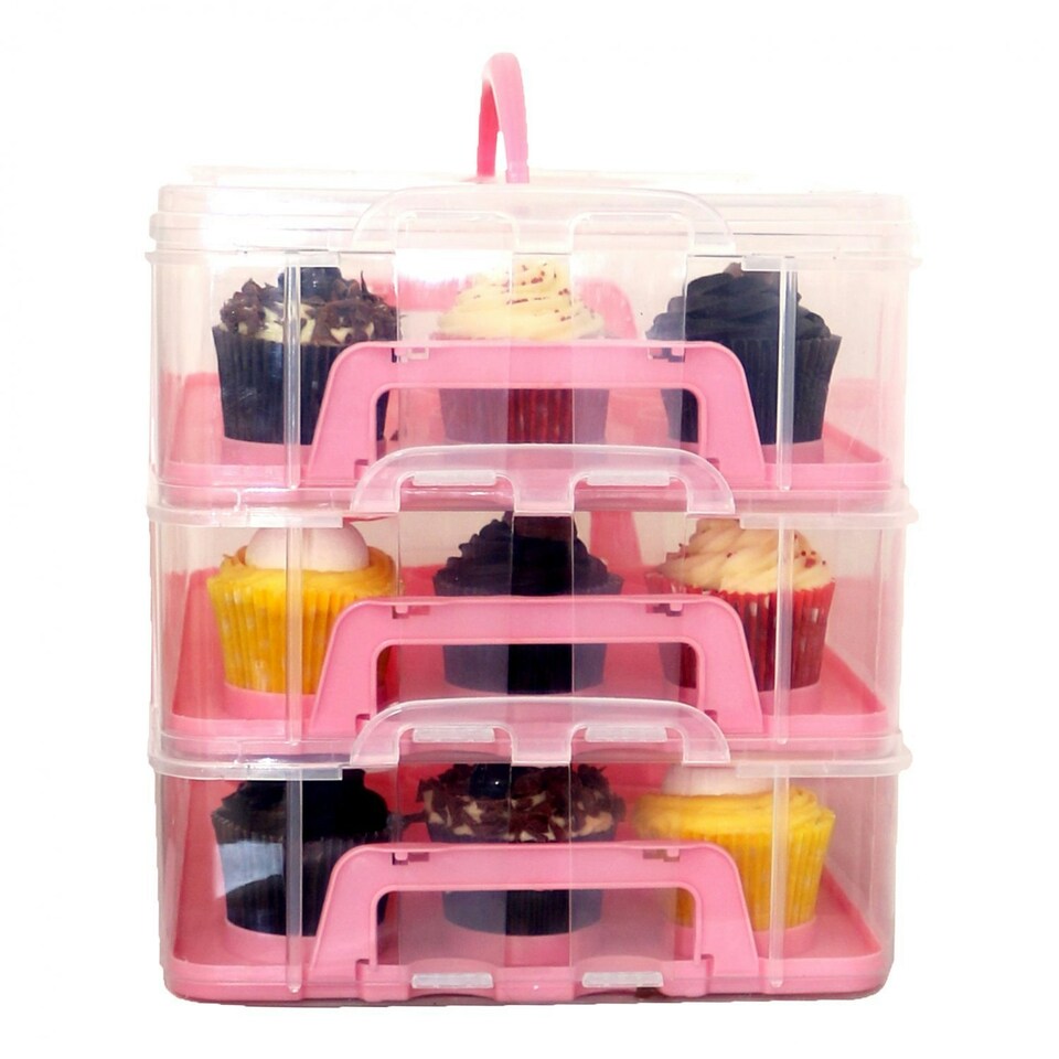 image 1 of Oypla Pink 3 Tier 36 Cupcake Plastic Carrier Holder Storage Container Pink